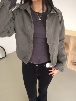 Vintage Washed Zipper Button Short Jacket