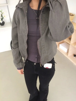 Vintage Washed Zipper Button Short Jacket
