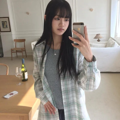 Vintage Color Cream Check Long Sleeve Shirt