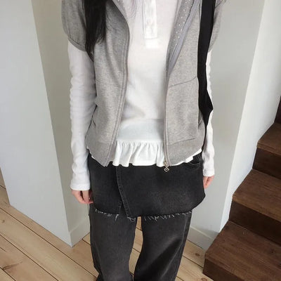 Special Edition Frill Button Henley Neck Long Sleeve T-shirt