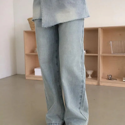 Denim Skirt and Wide Pants Layered Set