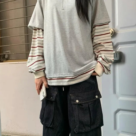 Sleeve Stripe Two-Tone Layered Sweatshirt