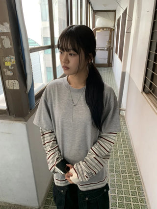 Sleeve Stripe Two-Tone Layered Sweatshirt