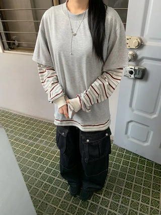 Sleeve Stripe Two-Tone Layered Sweatshirt