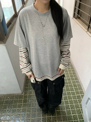 Sleeve Stripe Two-Tone Layered Sweatshirt