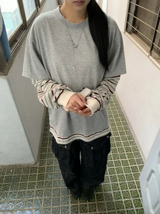 Sleeve Stripe Two-Tone Layered Sweatshirt