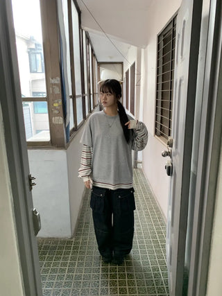 Sleeve Stripe Two-Tone Layered Sweatshirt