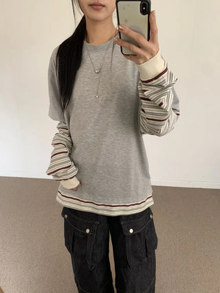 Sleeve Stripe Two-Tone Layered Sweatshirt