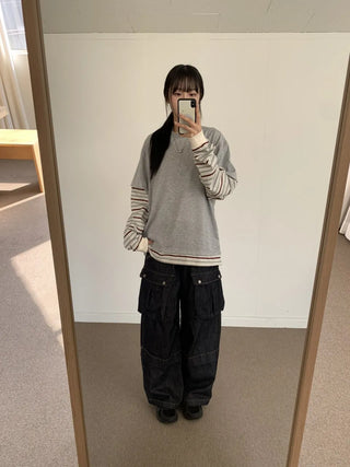 Sleeve Stripe Two-Tone Layered Sweatshirt