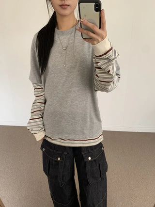 Sleeve Stripe Two-Tone Layered Sweatshirt