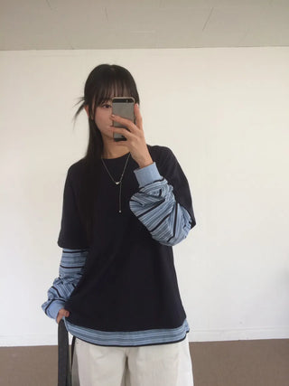 Sleeve Stripe Two-Tone Layered Sweatshirt