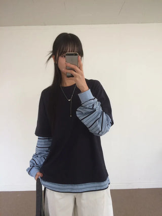 Sleeve Stripe Two-Tone Layered Sweatshirt