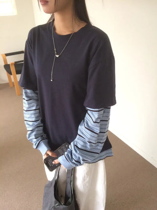 Sleeve Stripe Two-Tone Layered Sweatshirt