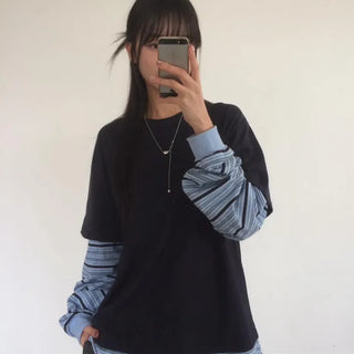 Sleeve Stripe Two-Tone Layered Sweatshirt
