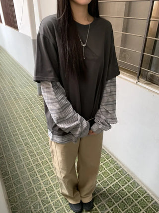 Sleeve Stripe Two-Tone Layered Sweatshirt