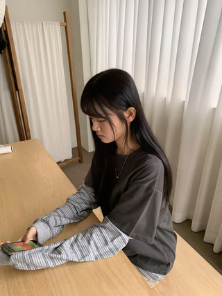 Sleeve Stripe Two-Tone Layered Sweatshirt