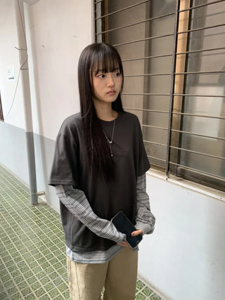 Sleeve Stripe Two-Tone Layered Sweatshirt