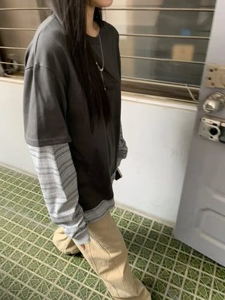 Sleeve Stripe Two-Tone Layered Sweatshirt
