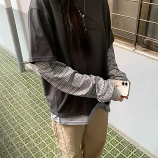 Sleeve Stripe Two-Tone Layered Sweatshirt