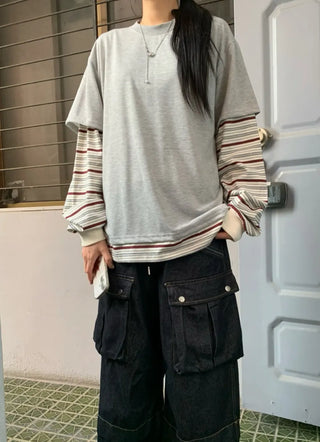 Sleeve Stripe Two-Tone Layered Sweatshirt