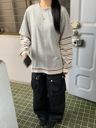 Sleeve Stripe Two-Tone Layered Sweatshirt