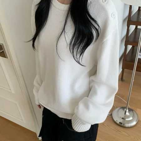 Shoulder Button Cotton Textured Oversized Knit