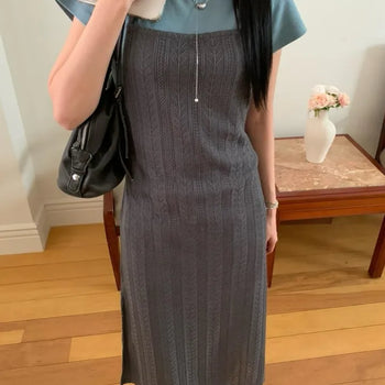 Knit Layered Cable Knit Strap Dress