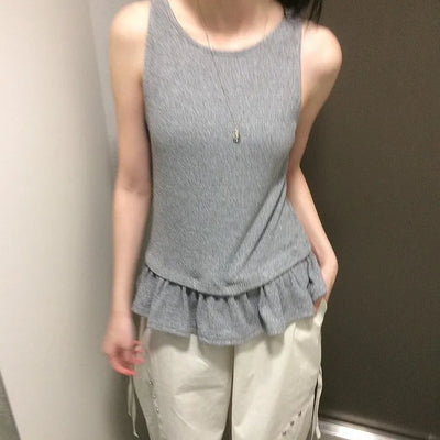 Two-way Button Frill Ribbed Round Sleeveless Top