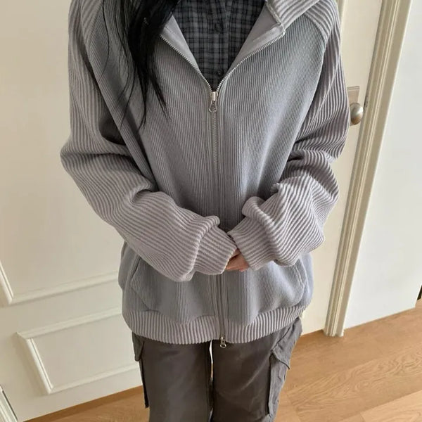 Knit Mix Ribbed Raglan Boxy Off-Fit Zip-Up Hoodie