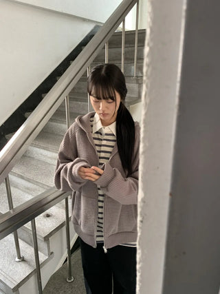 Knit Mix Ribbed Raglan Boxy Off-Fit Zip-Up Hoodie