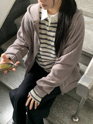 Knit Mix Ribbed Raglan Boxy Off-Fit Zip-Up Hoodie