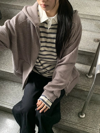 Knit Mix Ribbed Raglan Boxy Off-Fit Zip-Up Hoodie