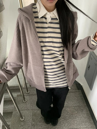 Knit Mix Ribbed Raglan Boxy Off-Fit Zip-Up Hoodie