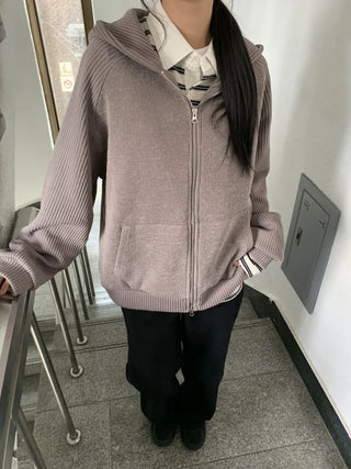 Knit Mix Ribbed Raglan Boxy Off-Fit Zip-Up Hoodie