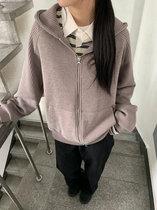 Knit Mix Ribbed Raglan Boxy Off-Fit Zip-Up Hoodie