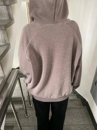 Knit Mix Ribbed Raglan Boxy Off-Fit Zip-Up Hoodie