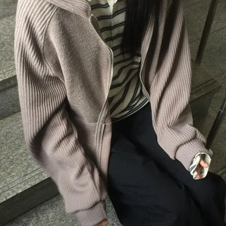 Knit Mix Ribbed Raglan Boxy Off-Fit Zip-Up Hoodie