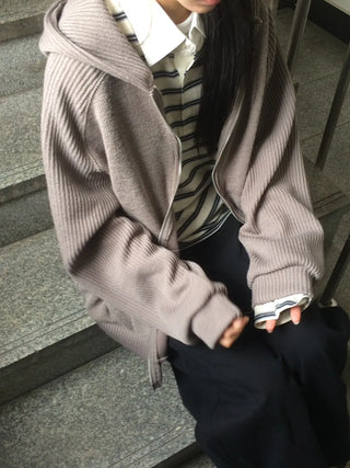 Knit Mix Ribbed Raglan Boxy Off-Fit Zip-Up Hoodie
