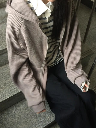 Knit Mix Ribbed Raglan Boxy Off-Fit Zip-Up Hoodie
