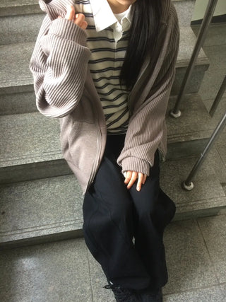 Knit Mix Ribbed Raglan Boxy Off-Fit Zip-Up Hoodie