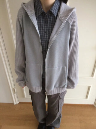 Knit Mix Ribbed Raglan Boxy Off-Fit Zip-Up Hoodie