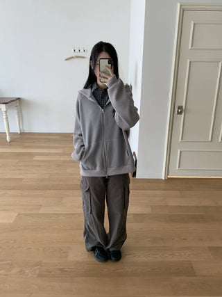 Knit Mix Ribbed Raglan Boxy Off-Fit Zip-Up Hoodie
