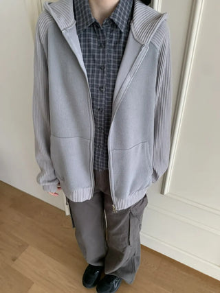 Knit Mix Ribbed Raglan Boxy Off-Fit Zip-Up Hoodie