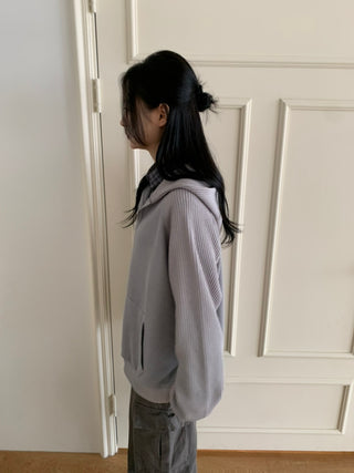 Knit Mix Ribbed Raglan Boxy Off-Fit Zip-Up Hoodie