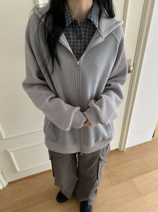 Knit Mix Ribbed Raglan Boxy Off-Fit Zip-Up Hoodie