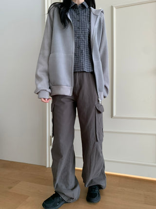 Knit Mix Ribbed Raglan Boxy Off-Fit Zip-Up Hoodie