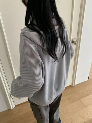 Knit Mix Ribbed Raglan Boxy Off-Fit Zip-Up Hoodie
