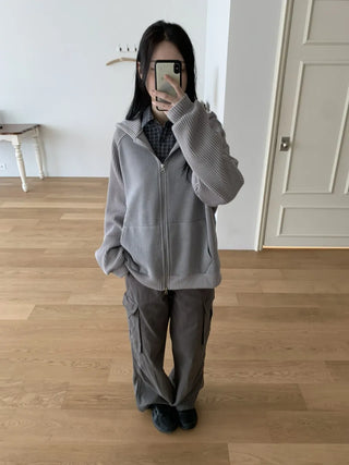 Knit Mix Ribbed Raglan Boxy Off-Fit Zip-Up Hoodie