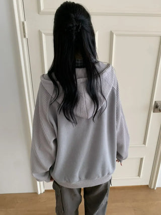Knit Mix Ribbed Raglan Boxy Off-Fit Zip-Up Hoodie