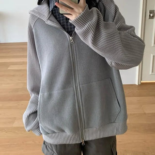 Knit Mix Ribbed Raglan Boxy Off-Fit Zip-Up Hoodie